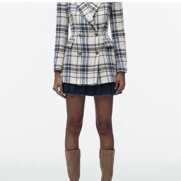 ZARA BLOGGER FAVE Blue & Cream Plaid Check Double Breasted Blazer Jacket NWT - Picture 5 of 8